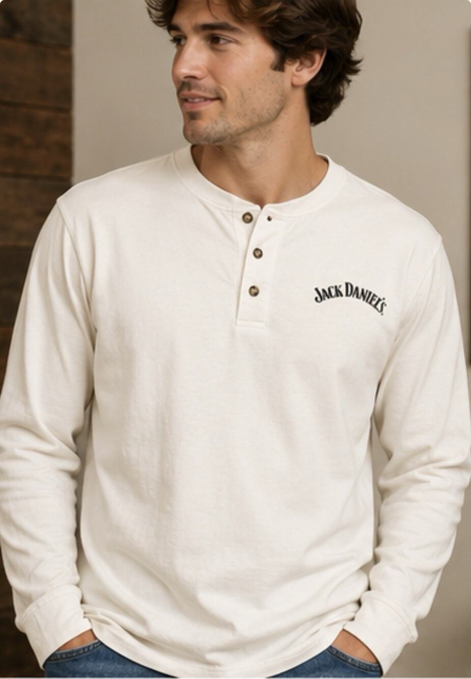 Jack Daniel’s Henley Shirt Men’s Large White Long Sleeve Graphic Logo Anvil